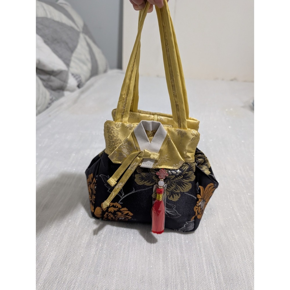 Asian Silk Brocade Handbag Gold Black Floral Tassel Hanbok Inspired Gift Purse